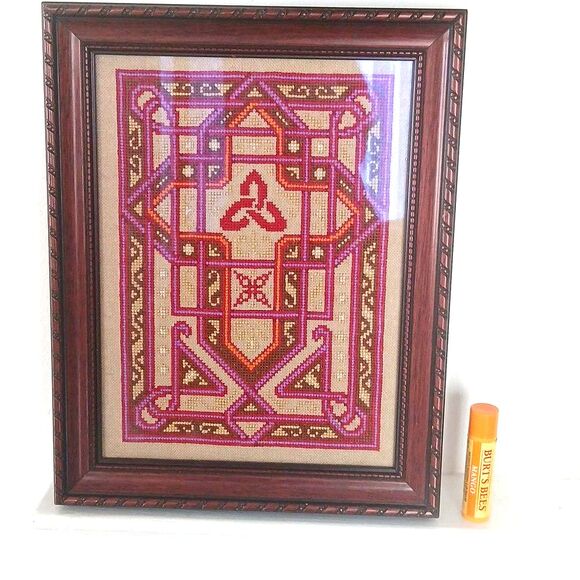 Fiber Art Framed Cross Stitch "For Anne Celtic Cross" Trinity Knot Textile Wood - Picture 10 of 10